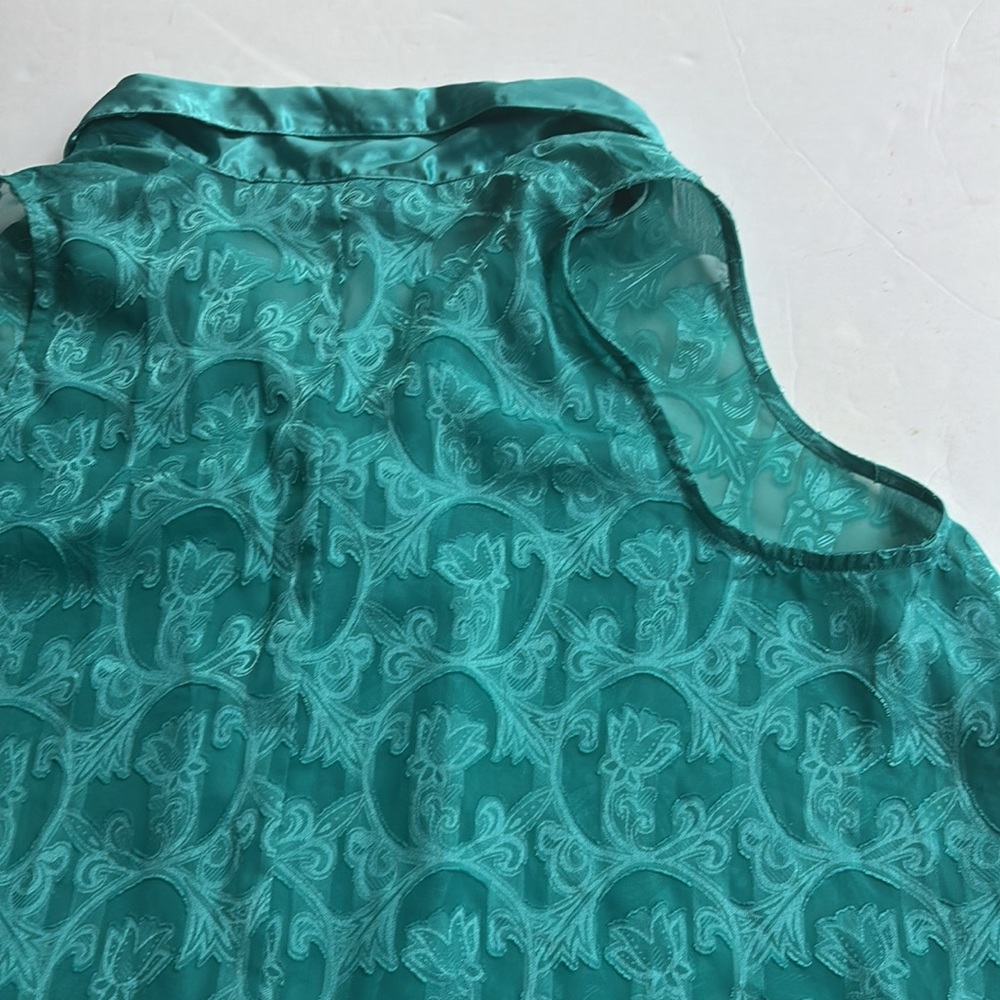 Vintage 90’s Collared Preppy Silky Teal Sleeveless Cropped Top Shirt Large Swing - Picture 14 of 17